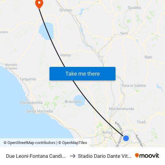 Due Leoni-Fontana Candida to Stadio Dario Dante Vitali map