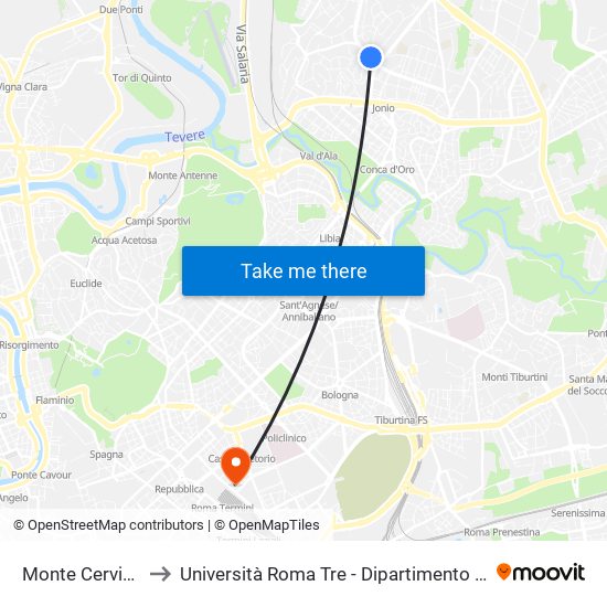 Monte Cervialto/Bonomi to Università Roma Tre - Dipartimento Di Scienze Della Formazione map