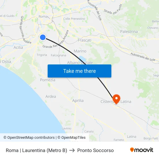 Roma | Laurentina (Metro B) to Pronto Soccorso map