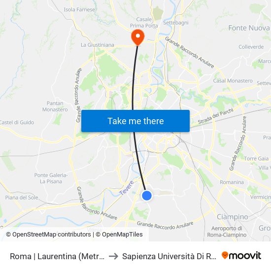 Roma | Laurentina (Metro B) to Sapienza Università Di Roma map