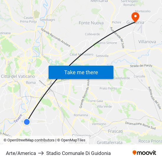 Arte/America to Stadio Comunale Di Guidonia map