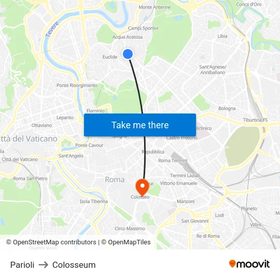 Parioli to Colosseum map