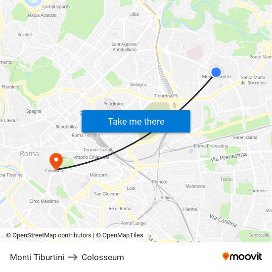 Monti Tiburtini to Colosseum map