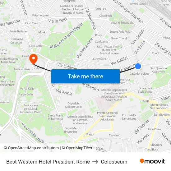 Best Western Hotel President Rome to Colosseum map