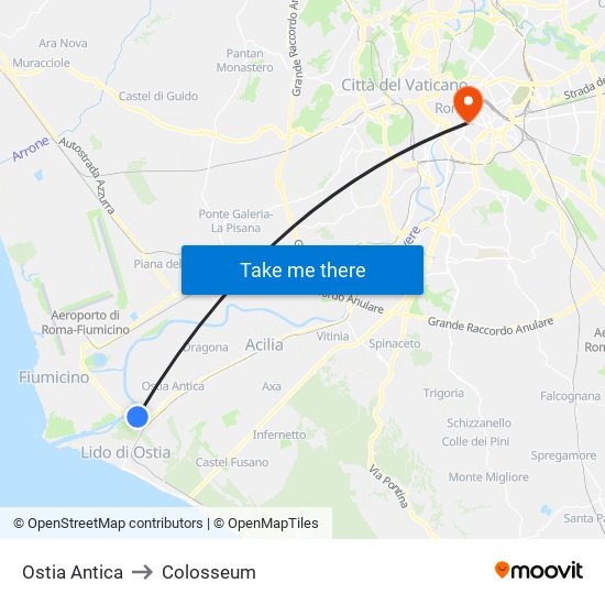 Ostia Antica to Colosseum map