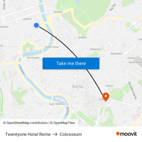 Twentyone Hotel Rome to Colosseum map