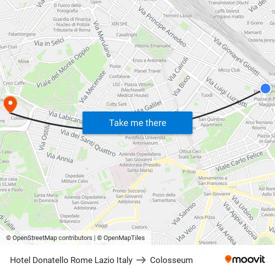 Hotel Donatello Rome Lazio Italy to Colosseum map