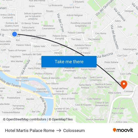 Hotel Martis Palace Rome to Colosseum map