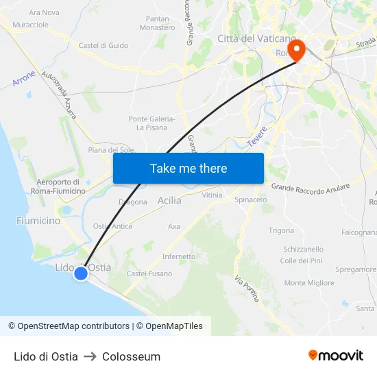 Lido di Ostia to Colosseum map