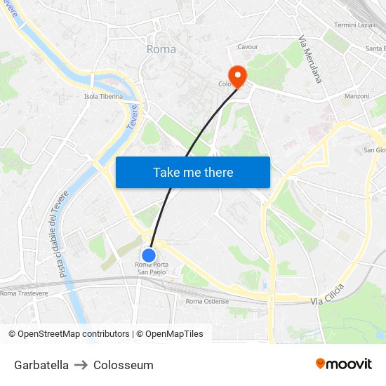 Garbatella to Colosseum map