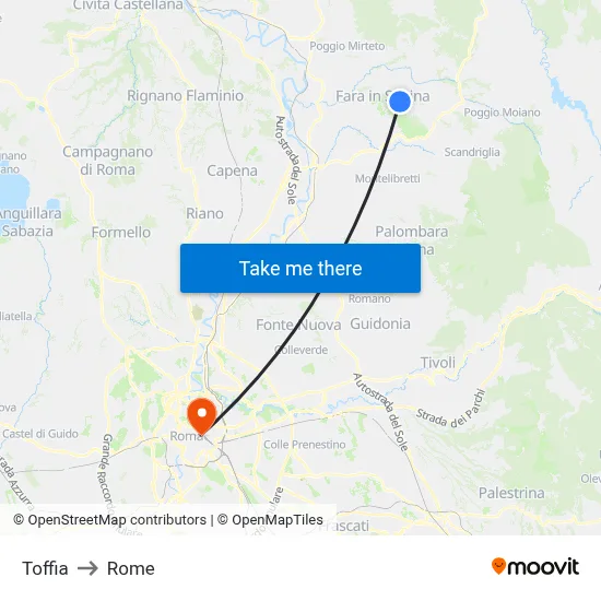 Toffia to Rome map