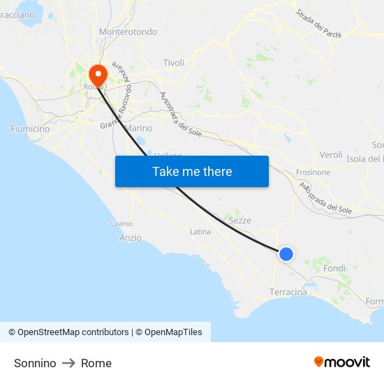 Sonnino to Rome map