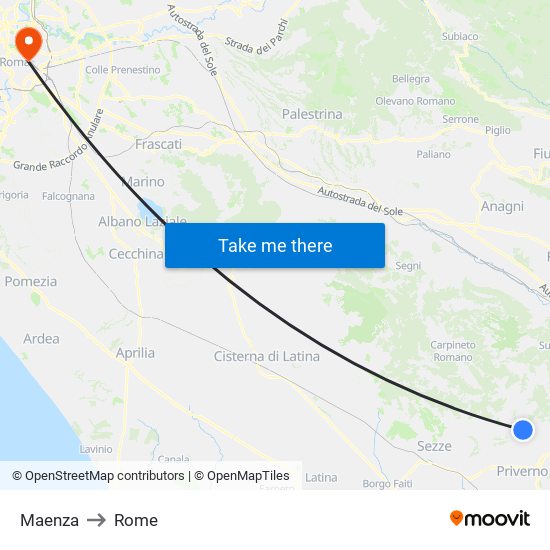 Maenza to Rome map