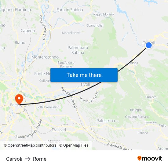 Carsoli to Rome map