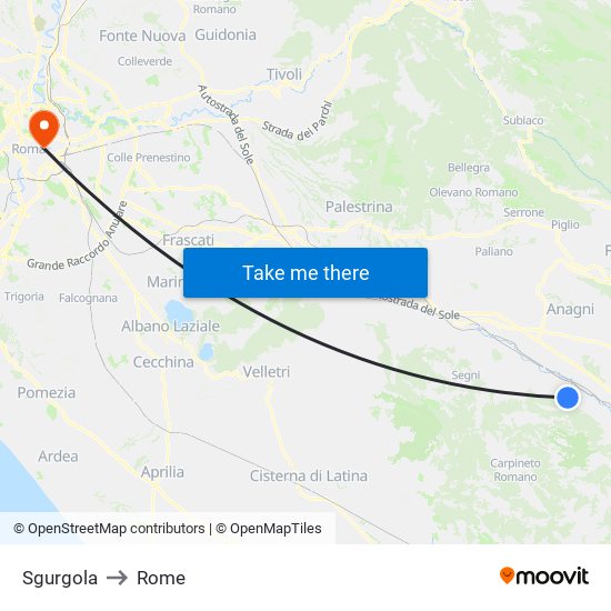 Sgurgola to Rome map