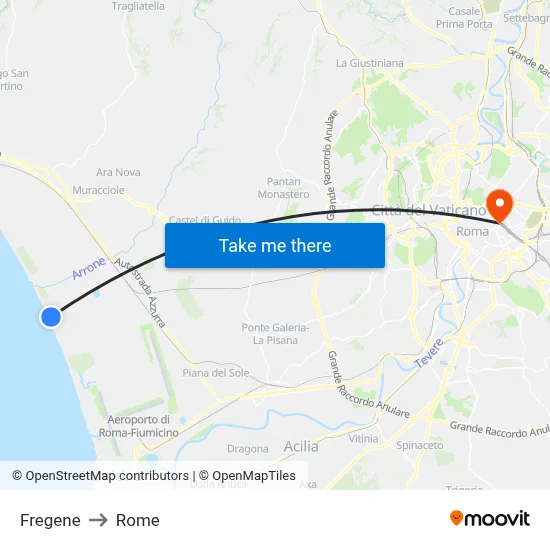 Fregene to Rome map