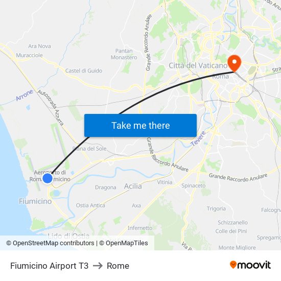 Fiumicino Airport T3 to Rome map