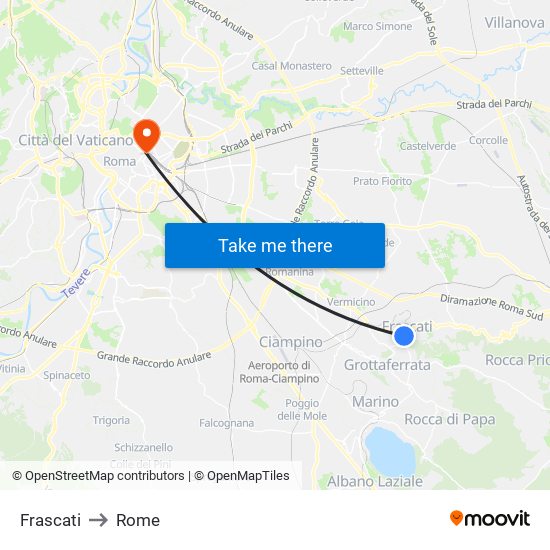 Frascati to Rome map