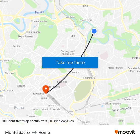 Monte Sacro to Rome map