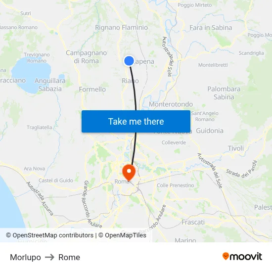 Morlupo to Rome map