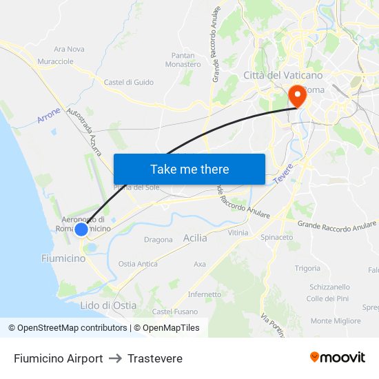 Fiumicino Airport to Trastevere map