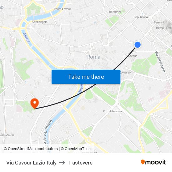 Via Cavour Lazio Italy to Trastevere map