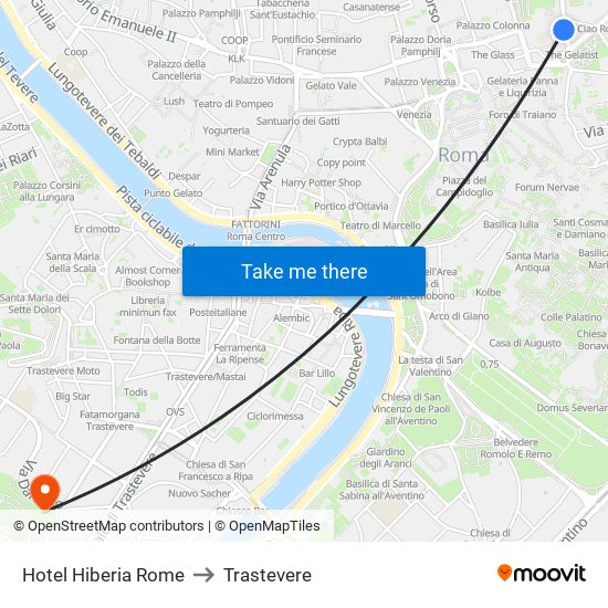 Hotel Hiberia Rome to Trastevere map