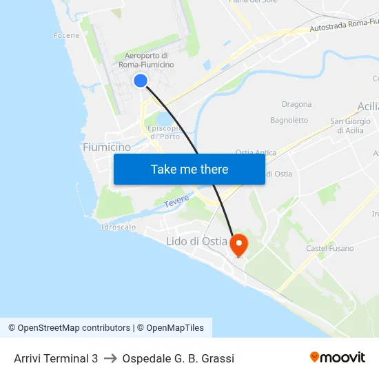 Arrivi Terminal 3 to Ospedale G. B. Grassi map