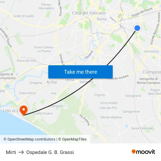 Mirti to Ospedale G. B. Grassi map