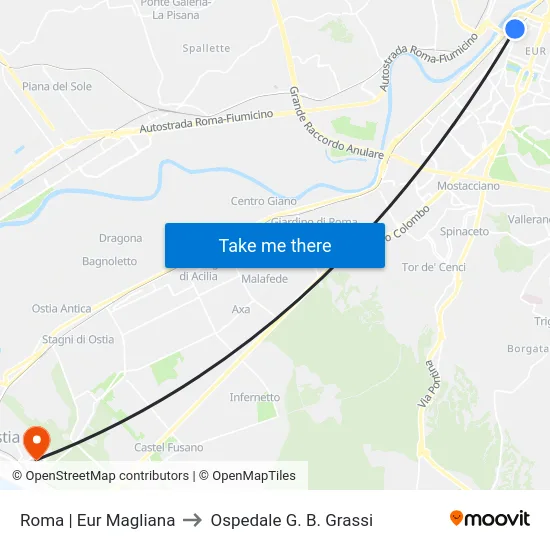 Roma | Eur Magliana to Ospedale G. B. Grassi map