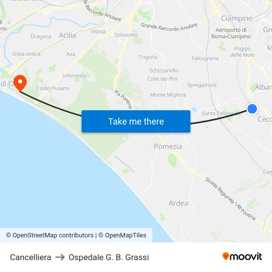 Cancelliera to Ospedale G. B. Grassi map