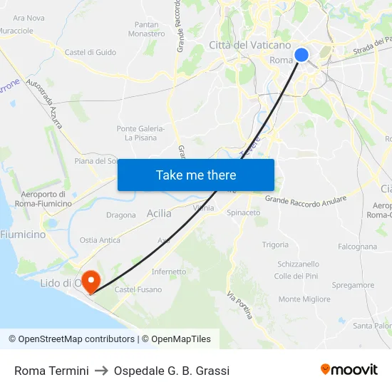 Roma Termini to Ospedale G. B. Grassi map