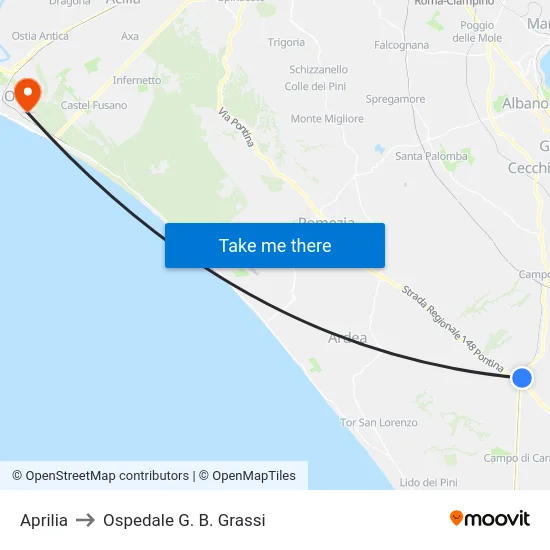 Aprilia to Ospedale G. B. Grassi map