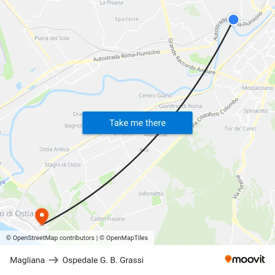 Magliana to Ospedale G. B. Grassi map