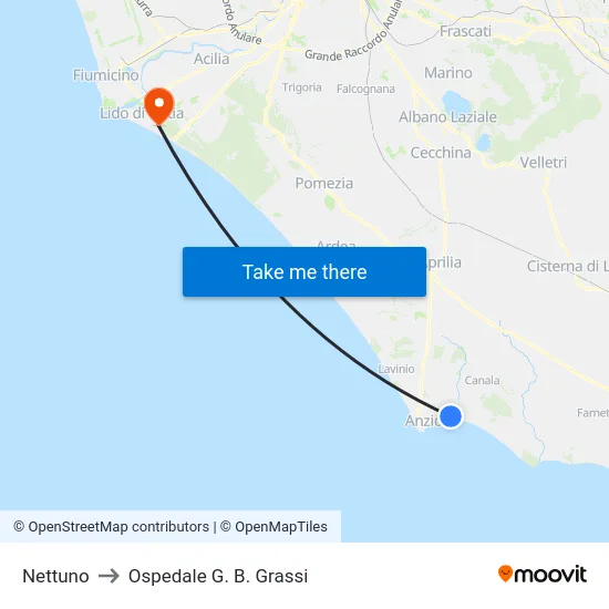 Nettuno to Ospedale G. B. Grassi map