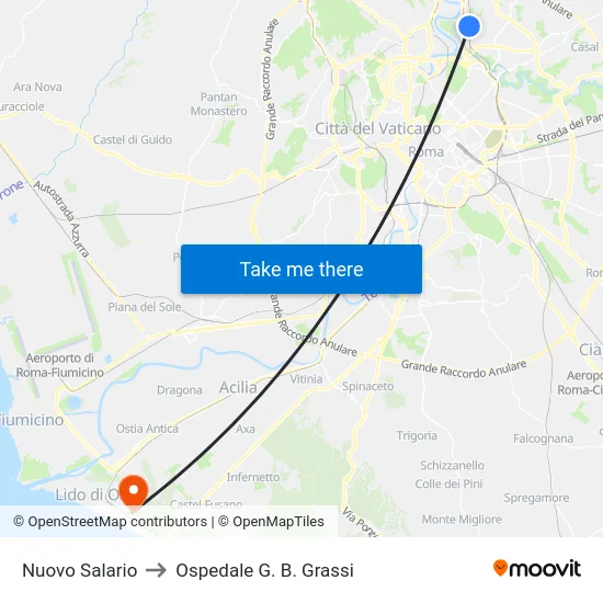 Nuovo Salario to Ospedale G. B. Grassi map