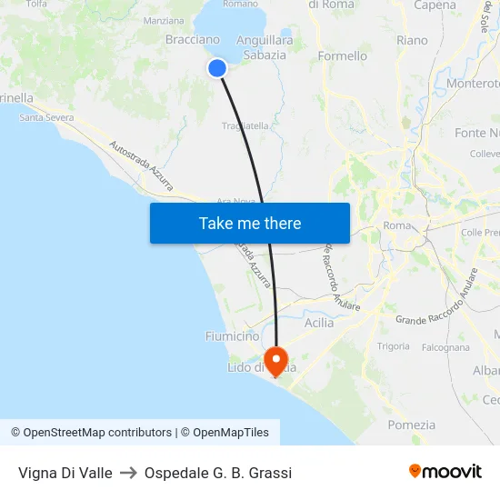 Vigna Di Valle to Ospedale G. B. Grassi map