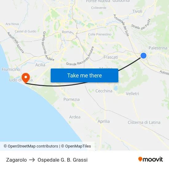 Zagarolo to Ospedale G. B. Grassi map