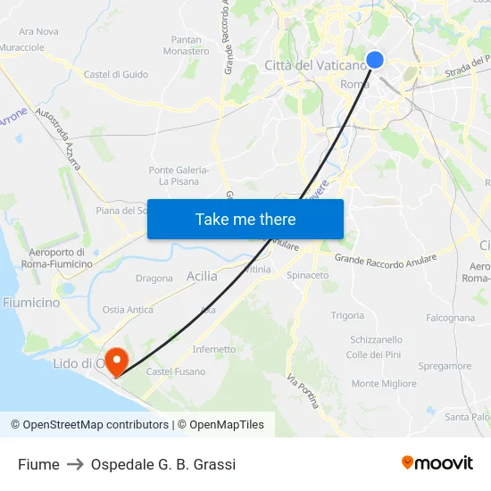 Fiume to Ospedale G. B. Grassi map
