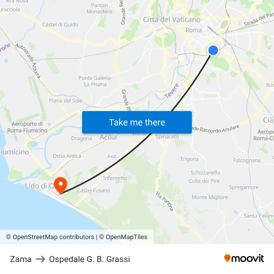 Zama to Ospedale G. B. Grassi map