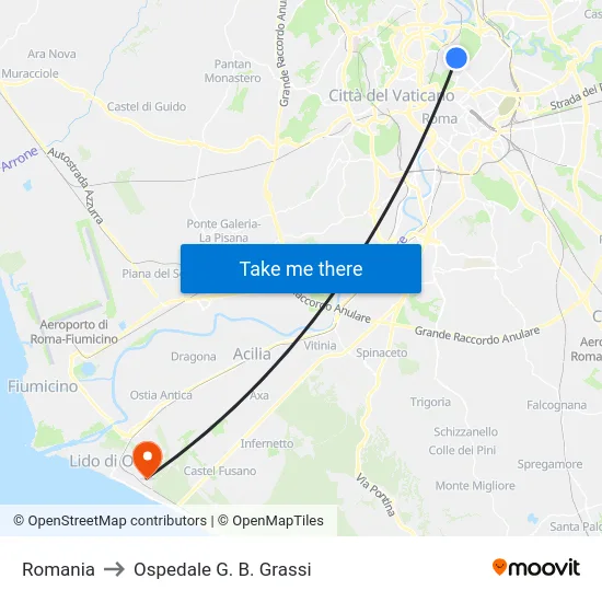 Romania to Ospedale G. B. Grassi map
