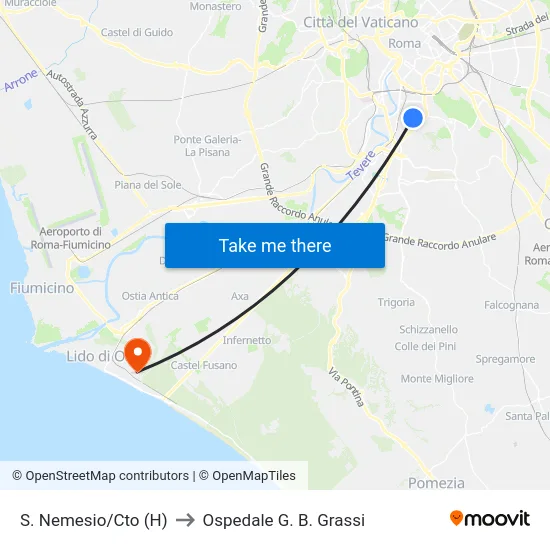 S. Nemesio/Cto (H) to Ospedale G. B. Grassi map