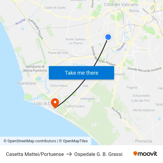 Casetta Mattei/Portuense to Ospedale G. B. Grassi map