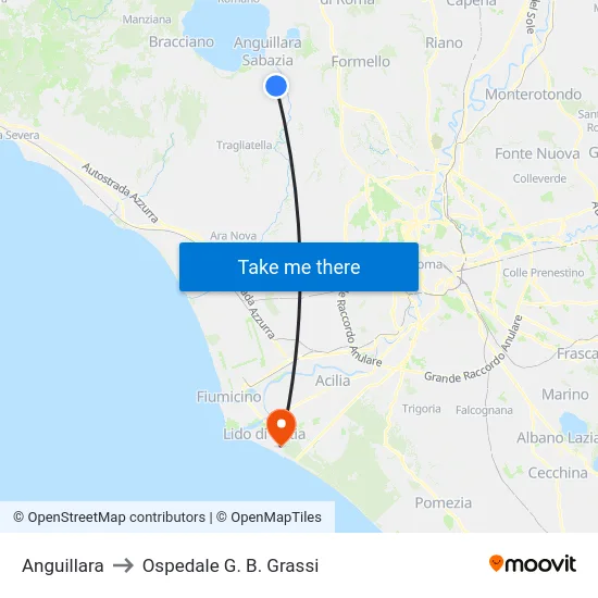 Anguillara to Ospedale G. B. Grassi map