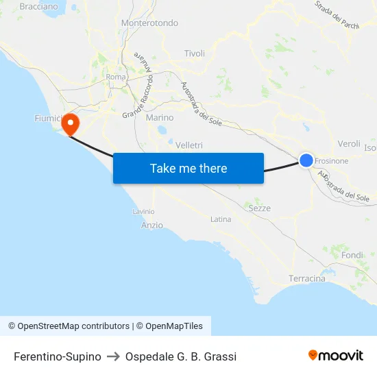 Ferentino-Supino to Ospedale G. B. Grassi map