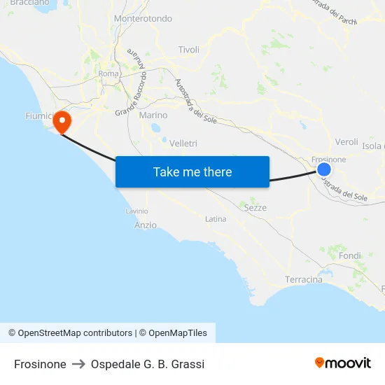Frosinone to Ospedale G. B. Grassi map
