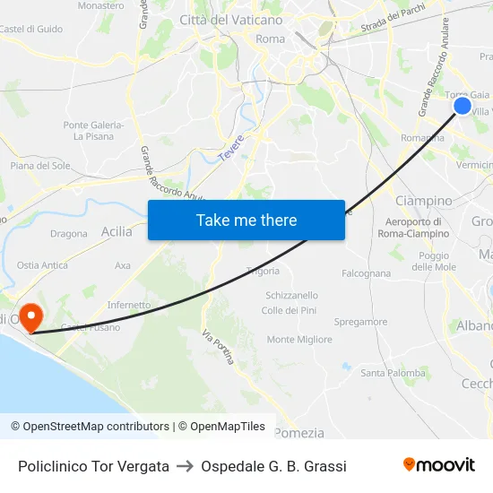 Policlinico Tor Vergata to Ospedale G. B. Grassi map