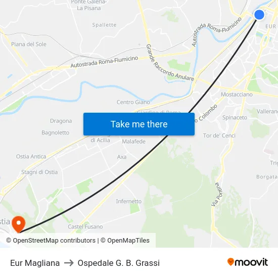 Eur Magliana to Ospedale G. B. Grassi map