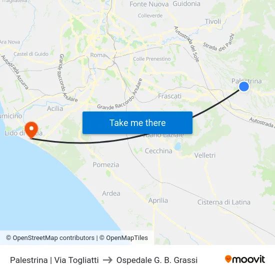Palestrina | Via Togliatti to Ospedale G. B. Grassi map