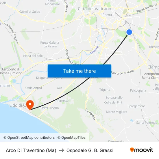 Arco Di Travertino (Ma) to Ospedale G. B. Grassi map